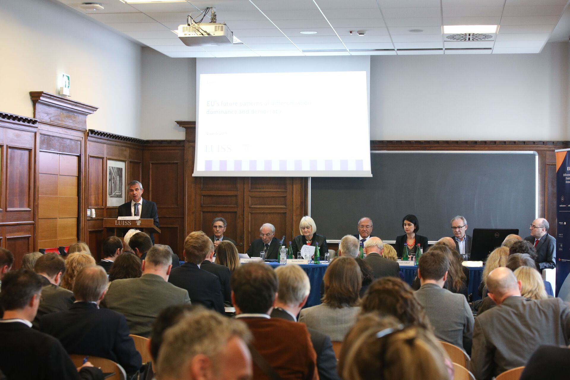 Panel debate on the future of Europe. From left to right:&amp;#160;Giovanni Orsina, Sergio Fabbrini, Giuliano Amato, Marian Harkin, Jean-Claude Piris, Turkuler Isiksel, Yves Mény and&amp;#160;Fabiano Schivardi.&amp;#160;